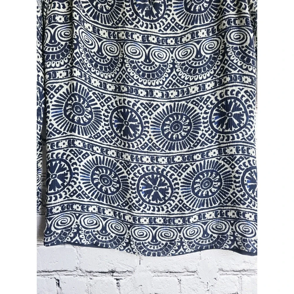 Tory Burch Silk Shell Navy Blue White Patterned Long Sleeve Button Accent Blouse